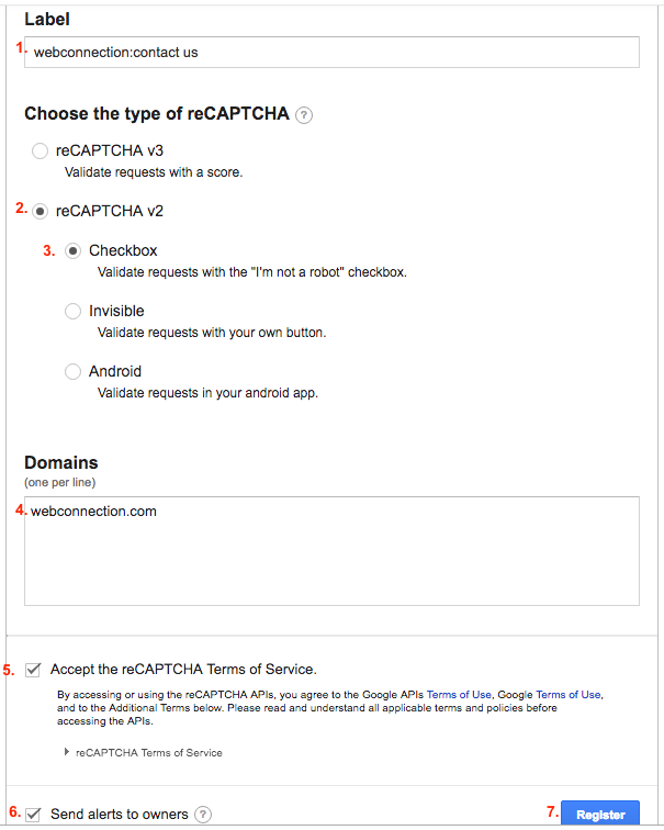 Google RECAPTCHA admin site. RECAPTCHA v2. Terms apply